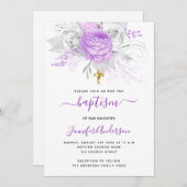 Taufe lila Blumen Mädchen elegant weiß Einladung (Vorne/Hinten)