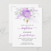 Taufe lila Blumen Mädchen elegant weiß Einladungspostkarte (Vorne/Hinten)