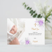 Taufe lila Florale Brauch Foto Goldmädchen Dankeskarte (Stehend Vorderseite)