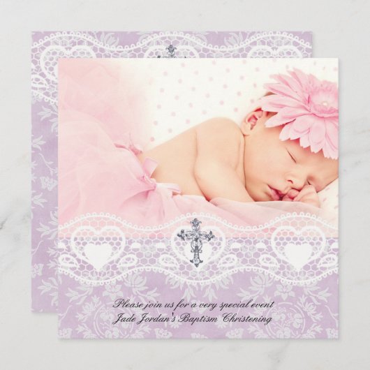 Taufe Lilac White Lace Foto Jewel Cross Girl Einladung (Vorne/Hinten)