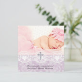 Taufe Lilac White Lace Foto Jewel Cross Girl Einladung (Stehend Vorderseite)