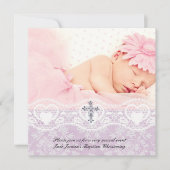 Taufe Lilac White Lace Foto Jewel Cross Girl Einladung (Vorderseite)