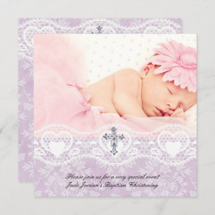 Taufe Lilac White Lace Foto Jewel Cross Girl Einladung