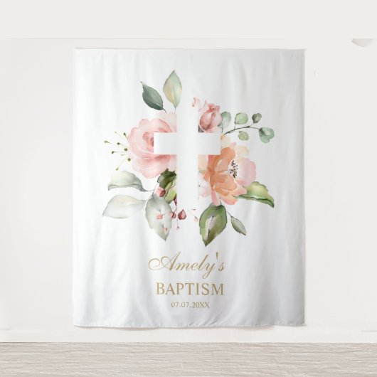 Taufe Mädchen Hintergrund - Rosa Blume kreuzen Wandteppich (Vorderseite)