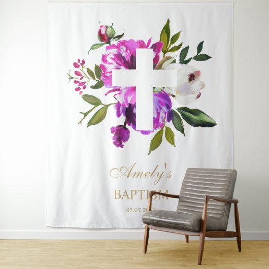 Taufe Mädchen Hintergrund - violette Blumen kreuz Wandteppich (Beispiel)