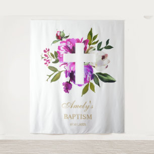 Taufe Mädchen Hintergrund - violette Blumen kreuz Wandteppich