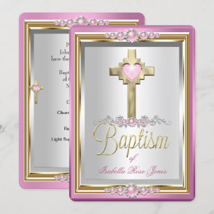 Taufe Mädchen Kreuz Rosa Perle Einladung