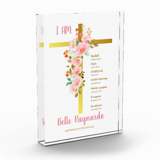 Taufe Mädchen rosa und rot Blume auf Kreuz Fotoblock (Links)