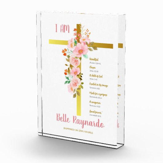 Taufe Mädchen rosa und rot Blume auf Kreuz Fotoblock (Rechts)