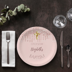 Taufe Mädchen Rose Gold Glitzer Tropfen Name Pappteller