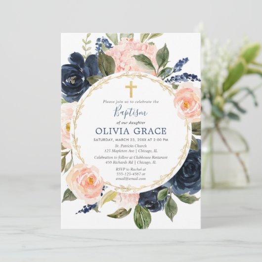 Taufe Mädchen rot Rosa Marineblau Blau Gold elegan Einladung (Stehend Vorderseite)
