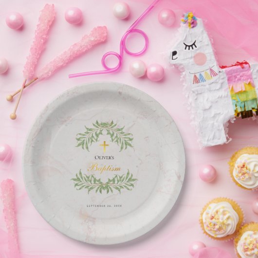 Taufe Marble Foliage Grüne Imitate Gold Script Pappteller (Party)