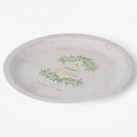 Taufe Marble Foliage Grüne Imitate Gold Script Pappteller (Schrägansicht)