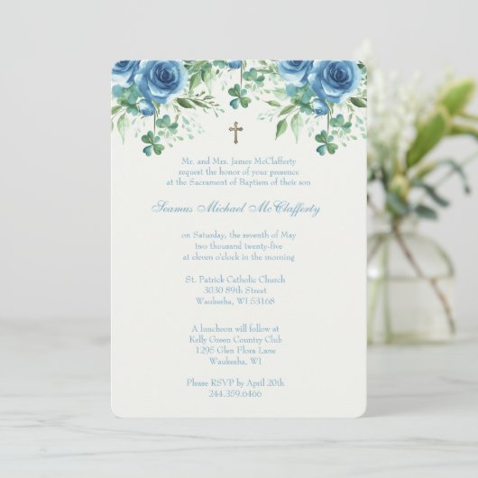 Taufe Mary Jesus Blue Blumengebirge Kleeblätter Einladung (Stehend Vorderseite)