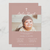 Taufe Minimalistische Rose Rosa Foto Einladung (Vorne/Hinten)
