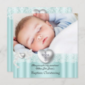 Taufe Mint Blue Lace Foto Herz Cross Boy Girl Einladung (Vorne/Hinten)