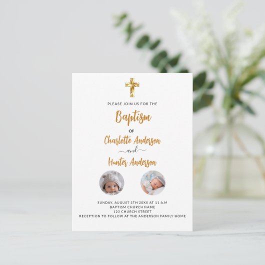 Taufe mit weißen Fotos geschlechtsneutral Einladungspostkarte (Stehend Vorderseite)