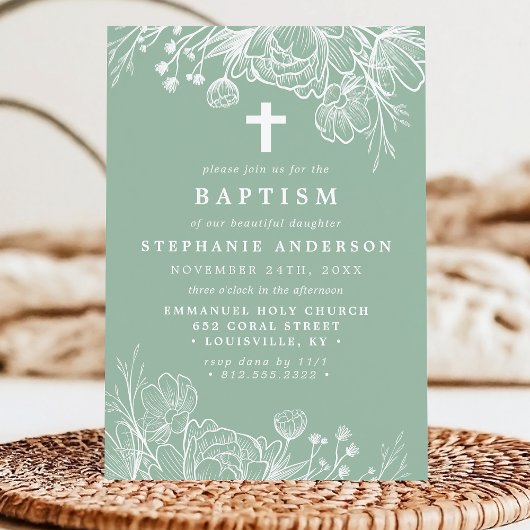 Taufe mit weißer Blume und Minze Einladung