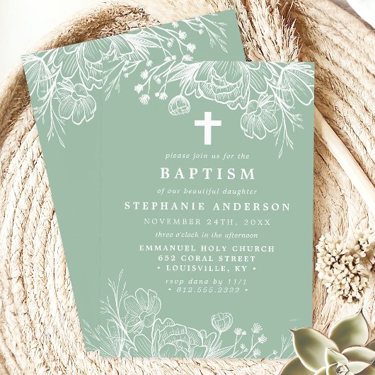 Taufe mit weißer Blume und Minze Einladung