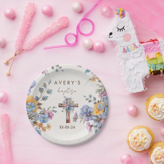 Taufe moderne blaue Aquarell kreuzen elegant Pappteller (Party)