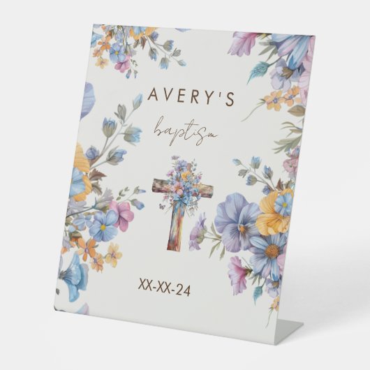 Taufe moderne blaue Aquarell kreuzen elegant Sockelschild (Vorderseite)