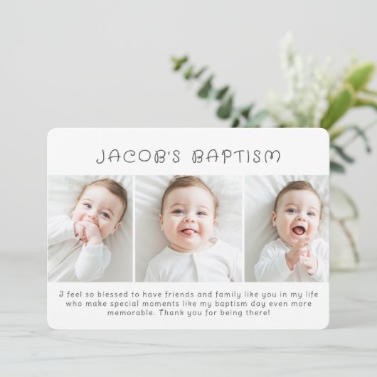 Taufe Modernes, einfaches Drei Foto Dankeskarte (Stehend Vorderseite)