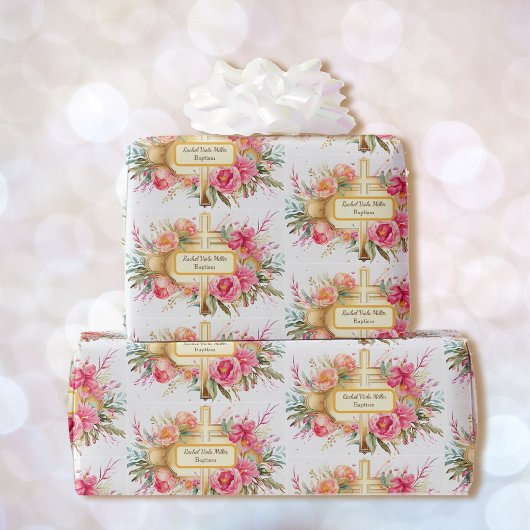 Taufe Name hinzufügen - Kreuz mit Blume Spray Geschenkpapier