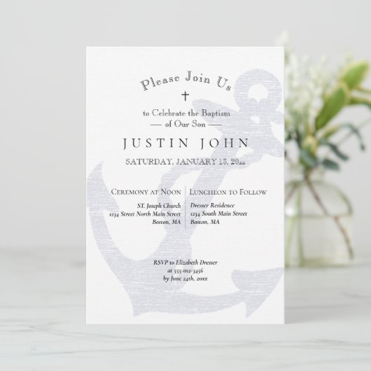 Taufe Nautical Anchor Blue Boy Einladung (Stehend Vorderseite)