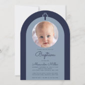 Taufe Navy Arch Boy Foto Dusty Blue Script Einladung (Vorderseite)
