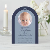 Taufe Navy Arch Boy Foto Dusty Blue Script Einladung
