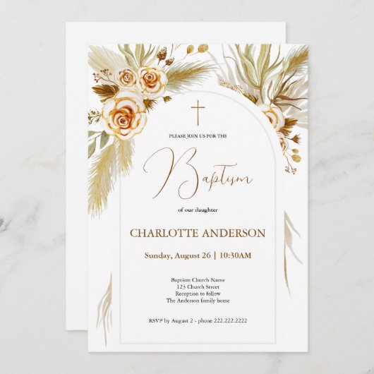 Taufe Pampas Gras Aquarell boho elegant Einladung (Vorne/Hinten)