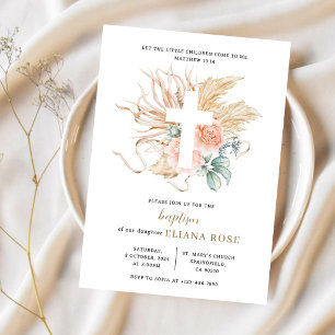 Taufe Pampas Gras Rose Boho Kreuz Einladung