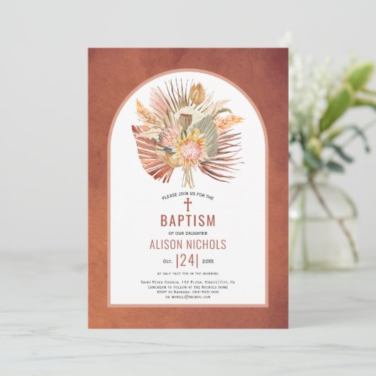 Taufe Pampas-Gras und Palm-Terracotta Einladung (Stehend Vorderseite)