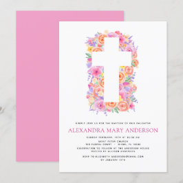 Taufe Pastel Floral Rosa Rose Kreuz Einladung