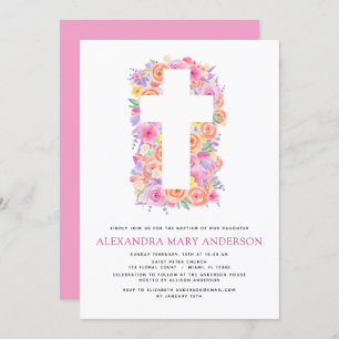 Taufe Pastel Floral Rosa Rose Kreuz Einladung