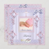 Taufe Pink Cross Girl Foto Lavendel Lech 2 Einladung (Vorne/Hinten)
