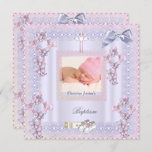 Taufe Pink Cross Girl Foto Lavendel Lech 2 Einladung (Vorne/Hinten)