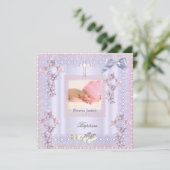 Taufe Pink Cross Girl Foto Lavendel Lech 2 Einladung (Stehend Vorderseite)