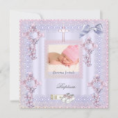 Taufe Pink Cross Girl Foto Lavendel Lech 2 Einladung (Vorderseite)
