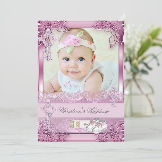 Taufe Pink Cross Girl Foto taufen Bloral Einladung (Stehend Vorderseite)