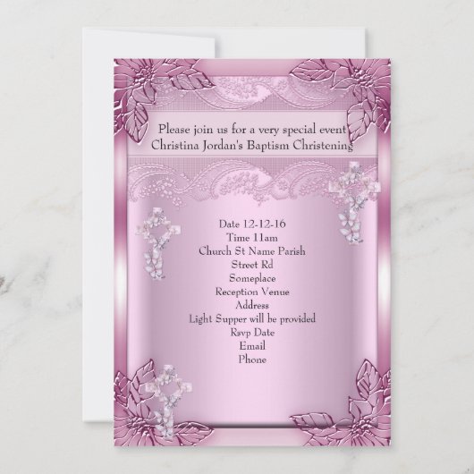 Taufe Pink Cross Girl Foto taufen Bloral Einladung (Rückseite)