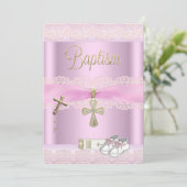 Taufe Pink Cross Girl Lace Christening 2a Einladung (Stehend Vorderseite)