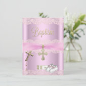 Taufe Pink Cross Girl Lace Christening Einladung (Stehend Vorderseite)