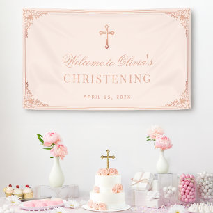 Taufe Pink Girl Christening Rose Gold Cross Banner