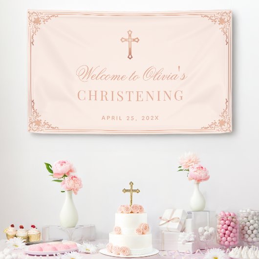 Taufe Pink Girl Christening Rose Gold Cross Banner