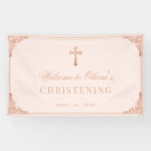 Taufe Pink Girl Christening Rose Gold Cross Banner (Horizontal)