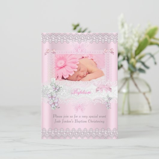 Taufe Pink Lace Foto Butterfly Cross Girl 3 Einladung (Stehend Vorderseite)