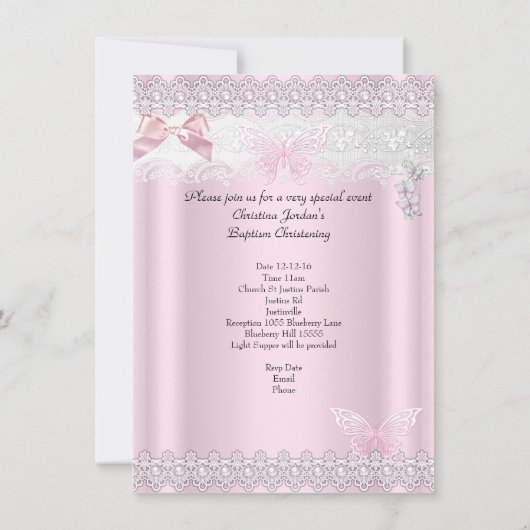 Taufe Pink Lace Foto Butterfly Cross Girl 3 Einladung (Rückseite)