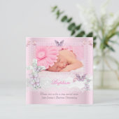 Taufe Pink Lace Foto Butterfly Cross Girl Einladung (Stehend Vorderseite)