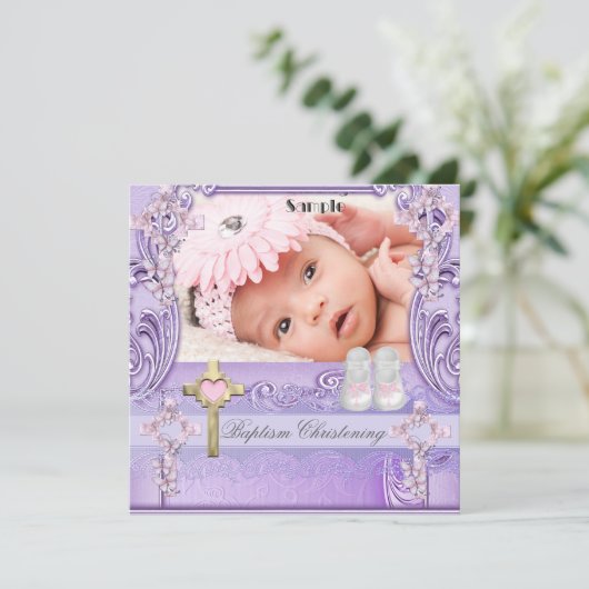 Taufe Pink Lilac Cross Girl Foto Christening Einladung (Stehend Vorderseite)
